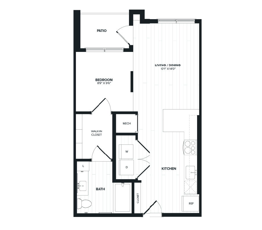 Floor plan for studio, 1 bath, 592 sqft